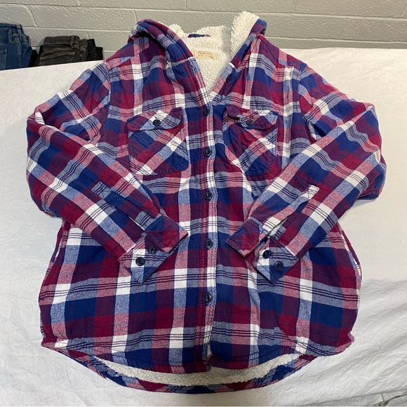 Hooded Fleece Lined Flannel Shirt Jacket Women’s Small Boston Traders Plaid EUC - Picture 6 of 10